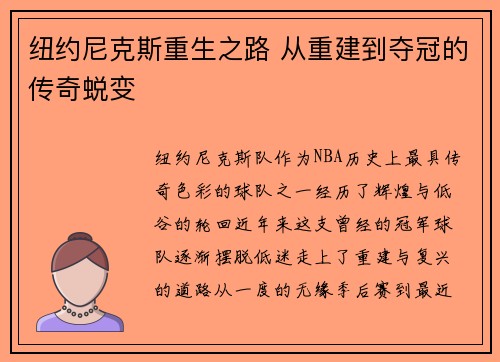 纽约尼克斯重生之路 从重建到夺冠的传奇蜕变